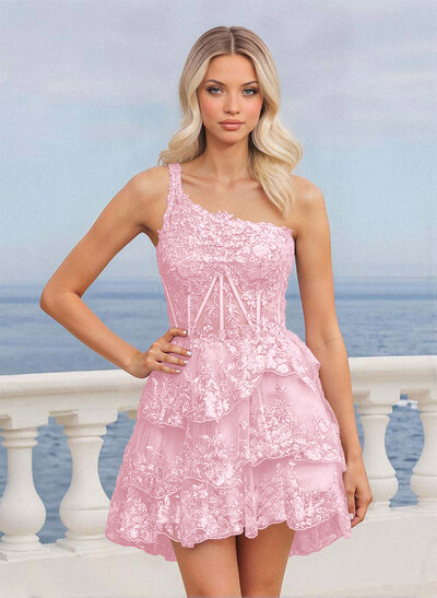 Luxury A-Line One-Shoulder Short/Mini Satin/Lace Homecoming Dresses With Tiered