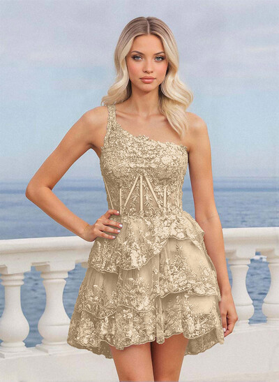 Luxury A-Line One-Shoulder Short/Mini Satin/Lace Homecoming Dresses With Tiered
