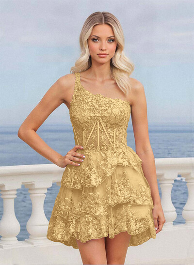 Luxury A-Line One-Shoulder Short/Mini Satin/Lace Homecoming Dresses With Tiered