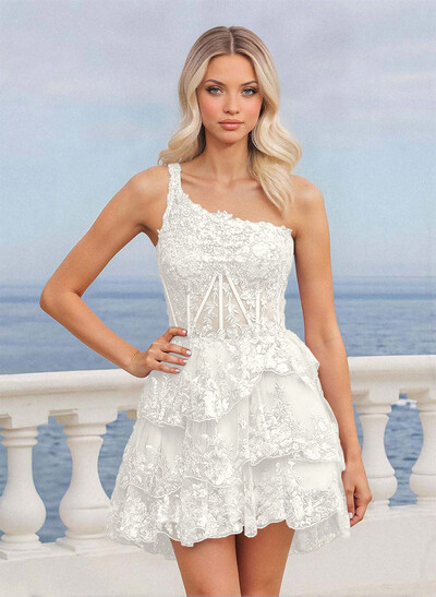 Luxury A-Line One-Shoulder Short/Mini Satin/Lace Homecoming Dresses With Tiered