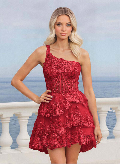 Luxury A-Line One-Shoulder Short/Mini Satin/Lace Homecoming Dresses With Tiered