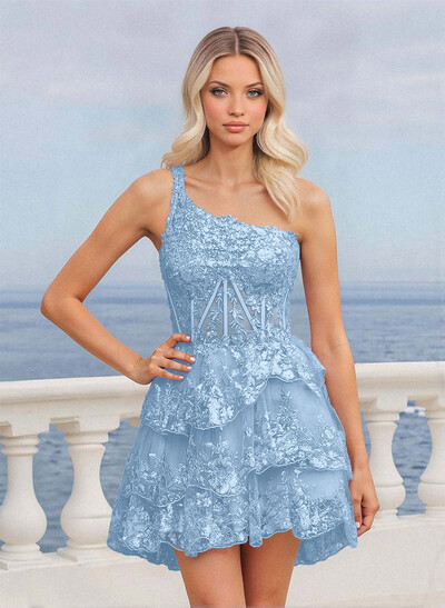Luxury A-Line One-Shoulder Short/Mini Satin/Lace Homecoming Dresses With Tiered