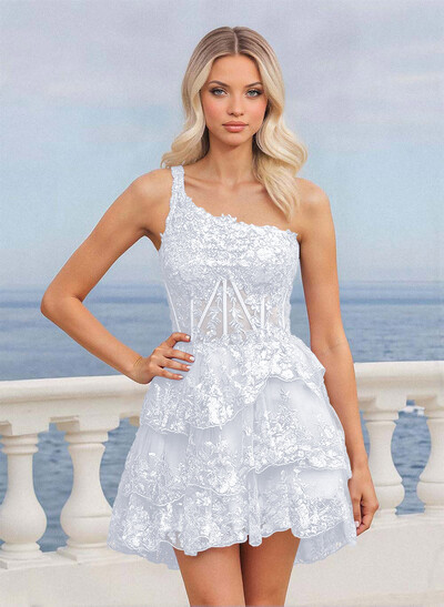 Luxury A-Line One-Shoulder Short/Mini Satin/Lace Homecoming Dresses With Tiered