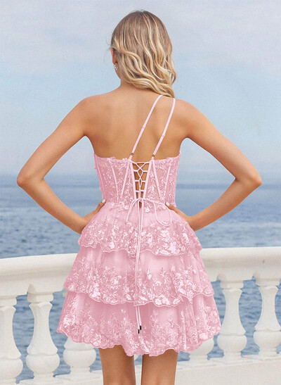 Luxury A-Line One-Shoulder Short/Mini Satin/Lace Homecoming Dresses With Tiered