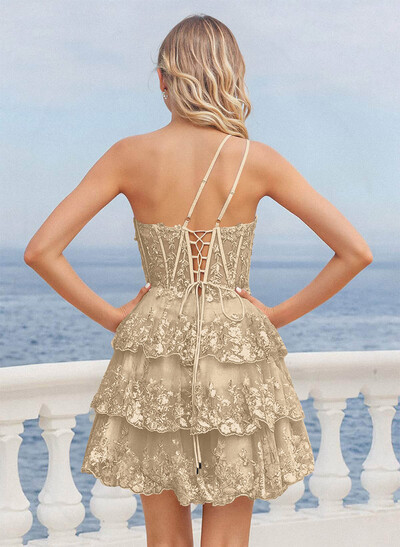 Luxury A-Line One-Shoulder Short/Mini Satin/Lace Homecoming Dresses With Tiered