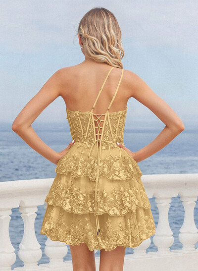 Luxury A-Line One-Shoulder Short/Mini Satin/Lace Homecoming Dresses With Tiered