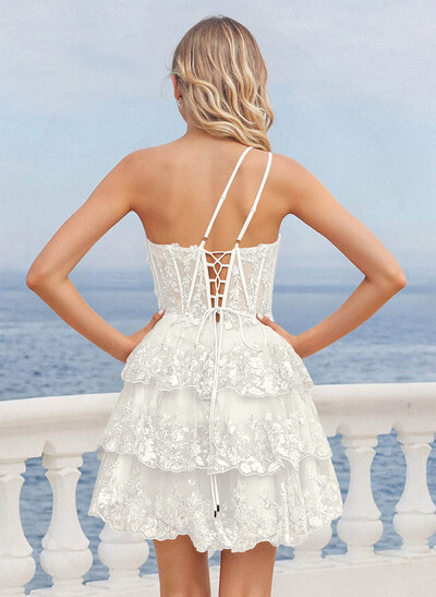 Luxury A-Line One-Shoulder Short/Mini Satin/Lace Homecoming Dresses With Tiered