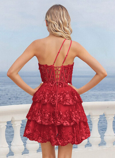 Luxury A-Line One-Shoulder Short/Mini Satin/Lace Homecoming Dresses With Tiered