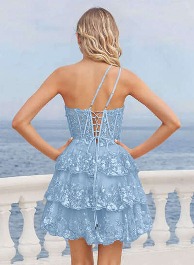 Luxury A-Line One-Shoulder Short/Mini Satin/Lace Homecoming Dresses With Tiered