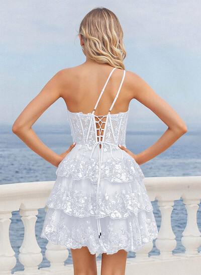 Luxury A-Line One-Shoulder Short/Mini Satin/Lace Homecoming Dresses With Tiered