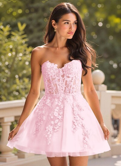 Elegant A-Line Strapless Short/Mini Satin/Lace Homecoming Dresses With Sequins