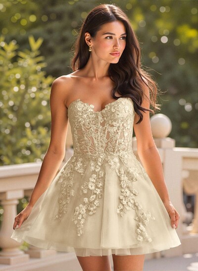 Elegant A-Line Strapless Short/Mini Satin/Lace Homecoming Dresses With Sequins