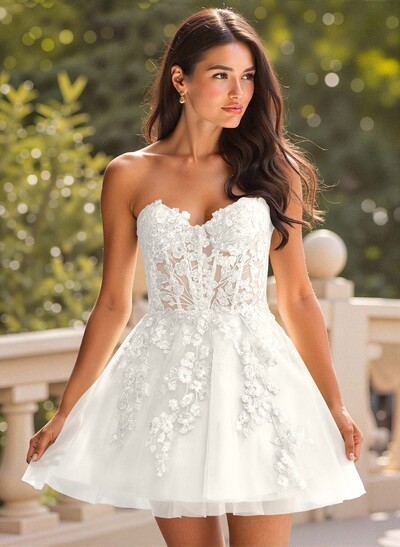 Elegant A-Line Strapless Short/Mini Satin/Lace Homecoming Dresses With Sequins