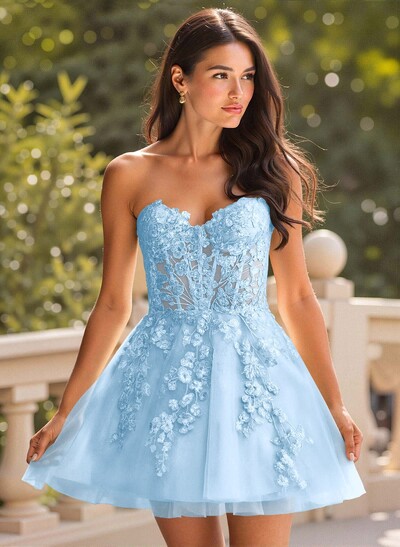 Elegant A-Line Strapless Short/Mini Satin/Lace Homecoming Dresses With Sequins