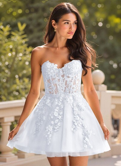 Elegant A-Line Strapless Short/Mini Satin/Lace Homecoming Dresses With Sequins