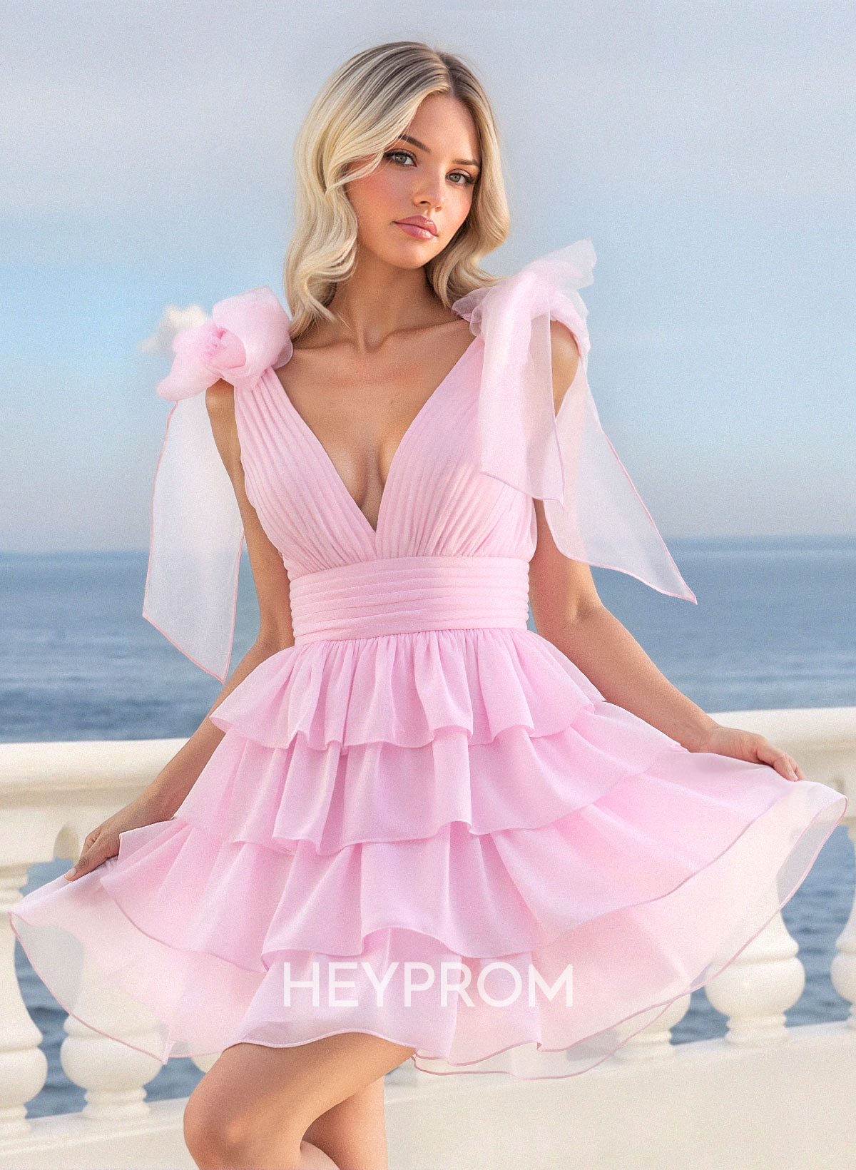 A-Line Plunge Neck Sleeveless Short/Mini Chiffon Homecoming Dresses With Bow(s)/Tiered
