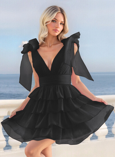 A-Line Plunge Neck Sleeveless Short/Mini Chiffon Homecoming Dresses With Bow(s)/Tiered