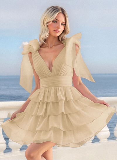 A-Line Plunge Neck Sleeveless Short/Mini Chiffon Homecoming Dresses With Bow(s)/Tiered