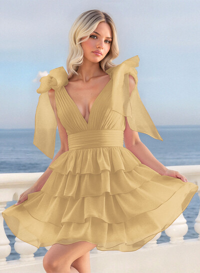 A-Line Plunge Neck Sleeveless Short/Mini Chiffon Homecoming Dresses With Bow(s)/Tiered