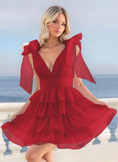 A-Line Plunge Neck Sleeveless Short/Mini Chiffon Homecoming Dresses With Bow(s)/Tiered