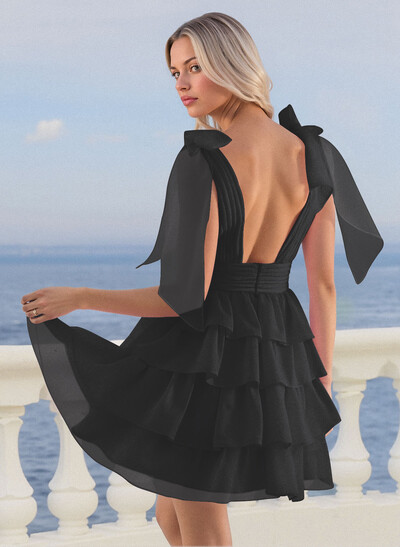 A-Line Plunge Neck Sleeveless Short/Mini Chiffon Homecoming Dresses With Bow(s)/Tiered