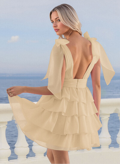 A-Line Plunge Neck Sleeveless Short/Mini Chiffon Homecoming Dresses With Bow(s)/Tiered