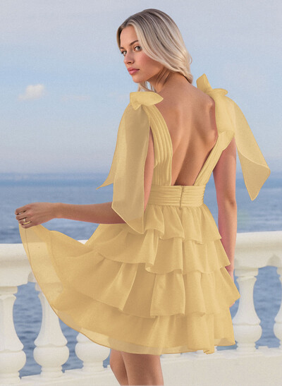 A-Line Plunge Neck Sleeveless Short/Mini Chiffon Homecoming Dresses With Bow(s)/Tiered