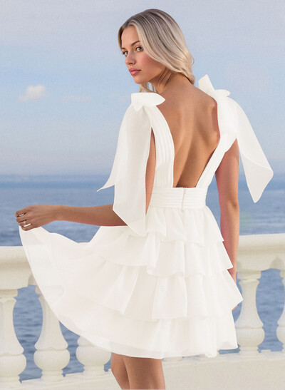 A-Line Plunge Neck Sleeveless Short/Mini Chiffon Homecoming Dresses With Bow(s)/Tiered