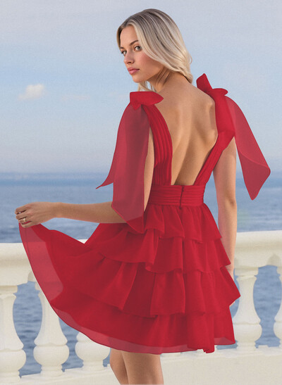 A-Line Plunge Neck Sleeveless Short/Mini Chiffon Homecoming Dresses With Bow(s)/Tiered