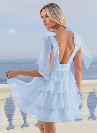 A-Line Plunge Neck Sleeveless Short/Mini Chiffon Homecoming Dresses With Bow(s)/Tiered