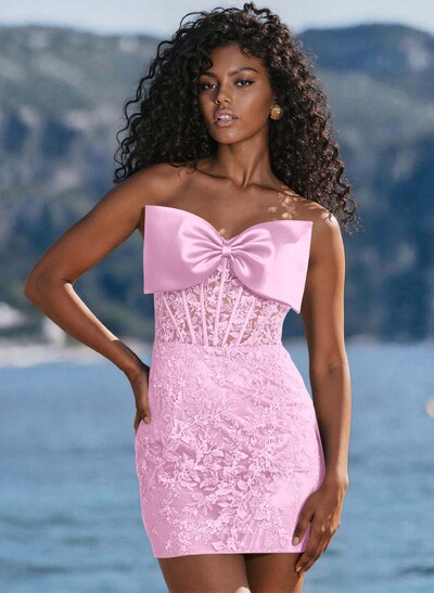 Sheath/Column Strapless Short/Mini Matte Satin Homecoming Dresses With Bow(s)/Appliques Lace
