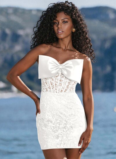 Sheath/Column Strapless Short/Mini Matte Satin Homecoming Dresses With Bow(s)/Appliques Lace