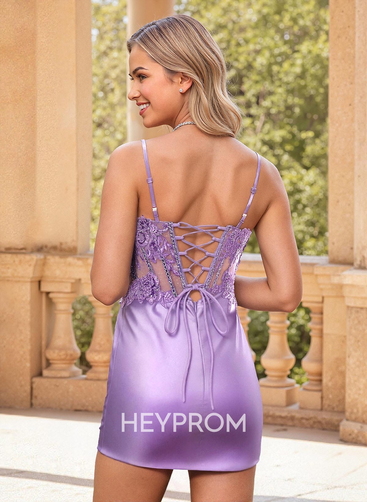 Lace Sweetheart Sequins Illusion Corset Short/Mini Stretch Satin Knit Homecoming Dresses