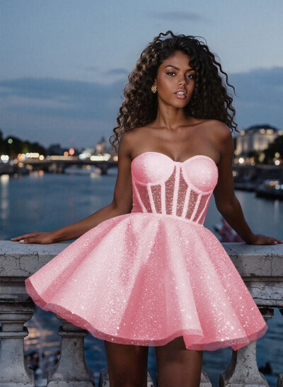 Sparkle & Shine Sweetheart Illusion Corset A-Line Short/Mini Tulle Homecoming Dresses