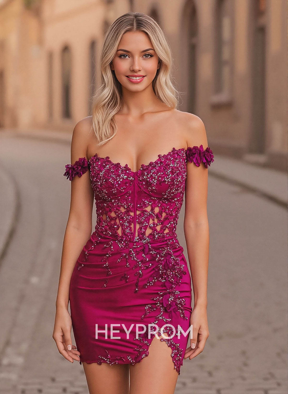 Elegant Lace Flower(s) Off-The-Shoulder Split Front Short/Mini Stretch Satin Knit Homecoming Dresses