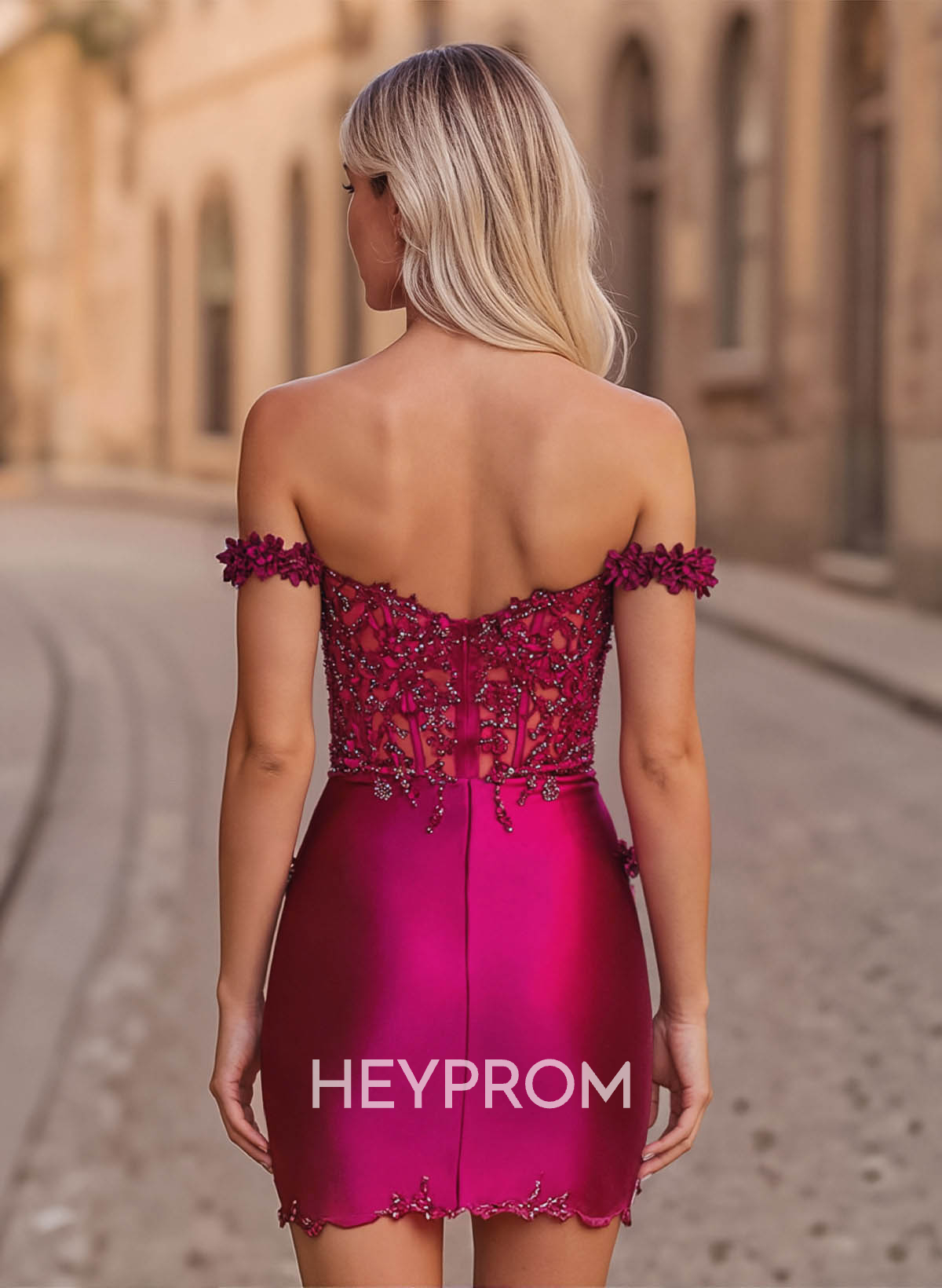 Elegant Lace Flower(s) Off-The-Shoulder Split Front Short/Mini Stretch Satin Knit Homecoming Dresses