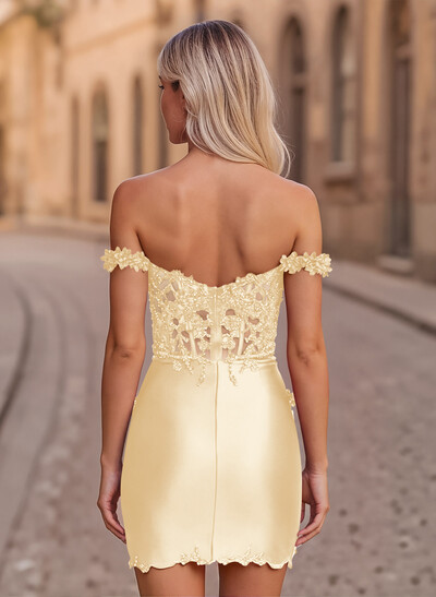 Elegant Lace Flower(s) Off-The-Shoulder Split Front Short/Mini Stretch Satin Knit Homecoming Dresses
