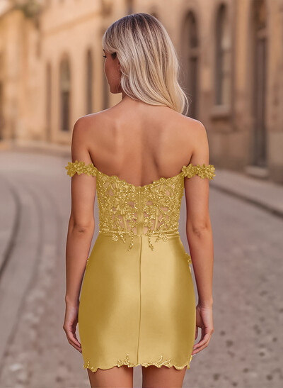 Elegant Lace Flower(s) Off-The-Shoulder Split Front Short/Mini Stretch Satin Knit Homecoming Dresses