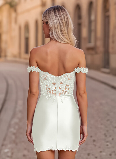 Elegant Lace Flower(s) Off-The-Shoulder Split Front Short/Mini Stretch Satin Knit Homecoming Dresses