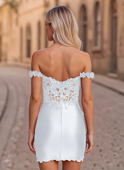 Elegant Lace Flower(s) Off-The-Shoulder Split Front Short/Mini Stretch Satin Knit Homecoming Dresses