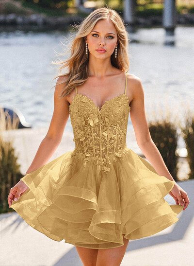 Lace Sweetheart Flower(s) Illusion Corset Ruffle Tulle A-Line Short/Mini Homecoming Dresses