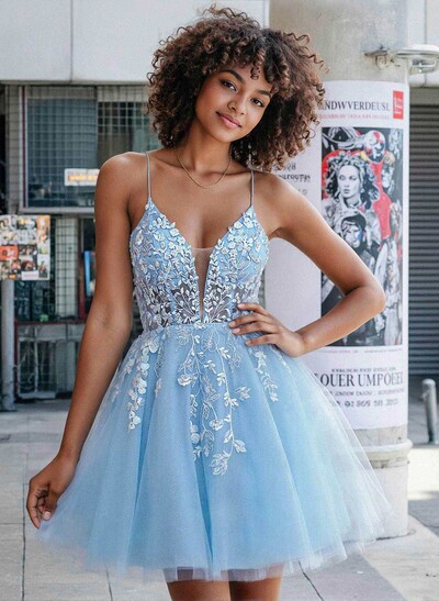 Flower(s) Lace Sweetheart Criss Cross Back A-Line Short/Mini Tulle Homecoming Dresses