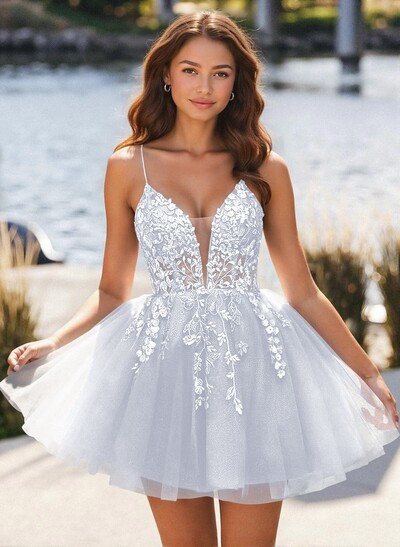 Flower(s) Lace Sweetheart Criss Cross Back A-Line Short/Mini Tulle Homecoming Dresses
