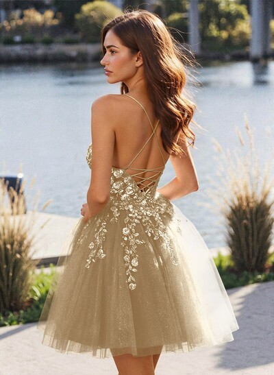 Flower(s) Lace Sweetheart Criss Cross Back A-Line Short/Mini Tulle Homecoming Dresses