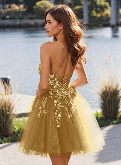 Flower(s) Lace Sweetheart Criss Cross Back A-Line Short/Mini Tulle Homecoming Dresses