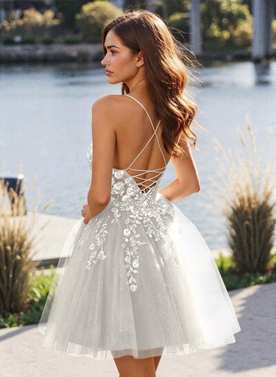Flower(s) Lace Sweetheart Criss Cross Back A-Line Short/Mini Tulle Homecoming Dresses