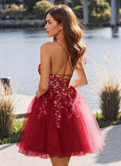 Flower(s) Lace Sweetheart Criss Cross Back A-Line Short/Mini Tulle Homecoming Dresses