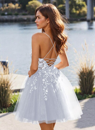 Flower(s) Lace Sweetheart Criss Cross Back A-Line Short/Mini Tulle Homecoming Dresses
