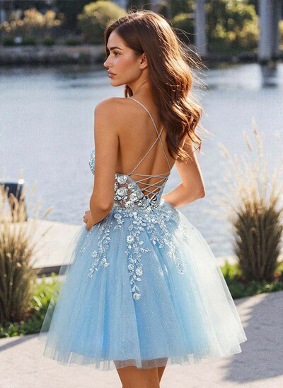 Flower(s) Lace Sweetheart Criss Cross Back A-Line Short/Mini Tulle Homecoming Dresses