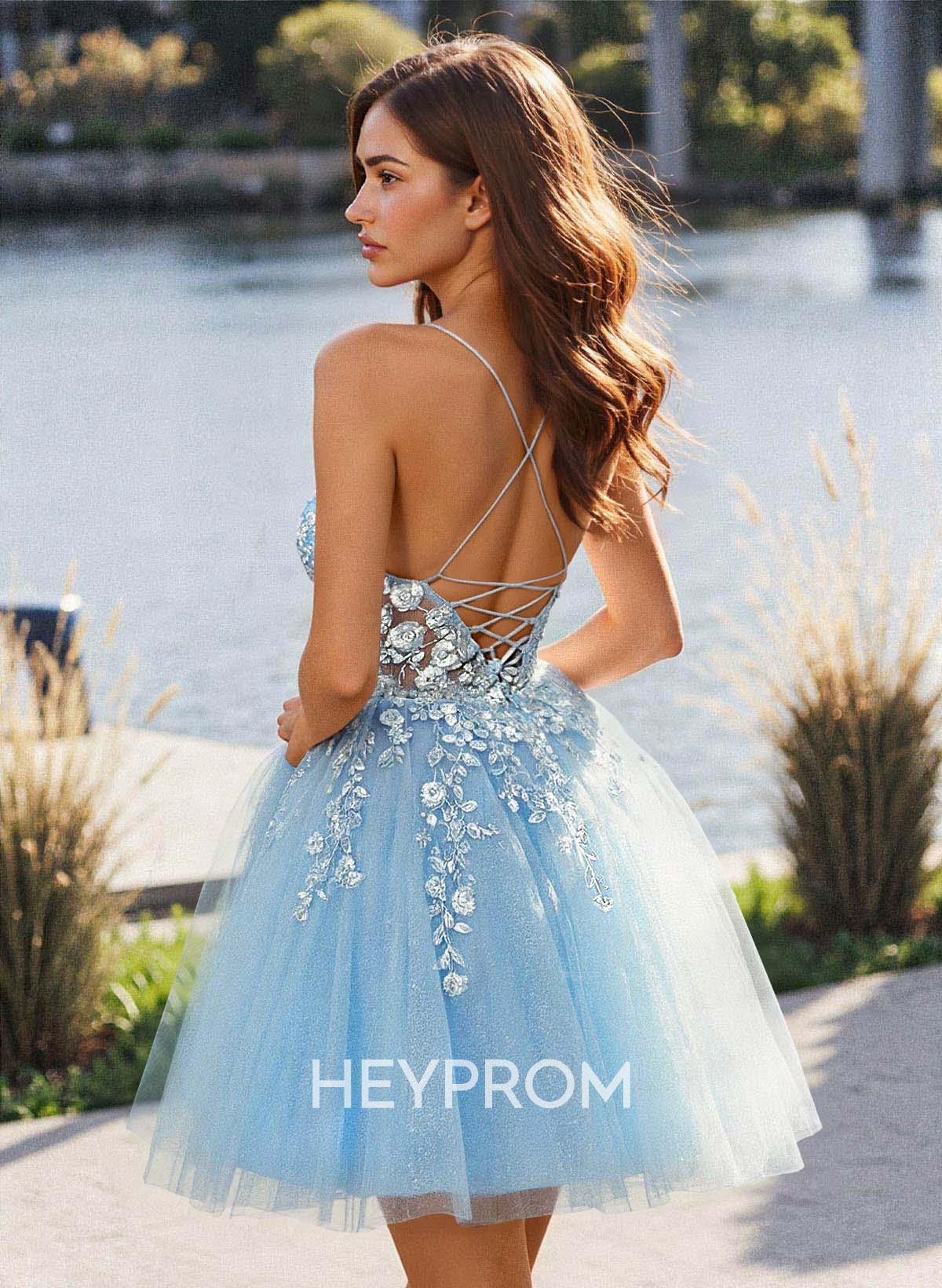 Flower(s) Lace Sweetheart Criss Cross Back A-Line Short/Mini Tulle Homecoming Dresses